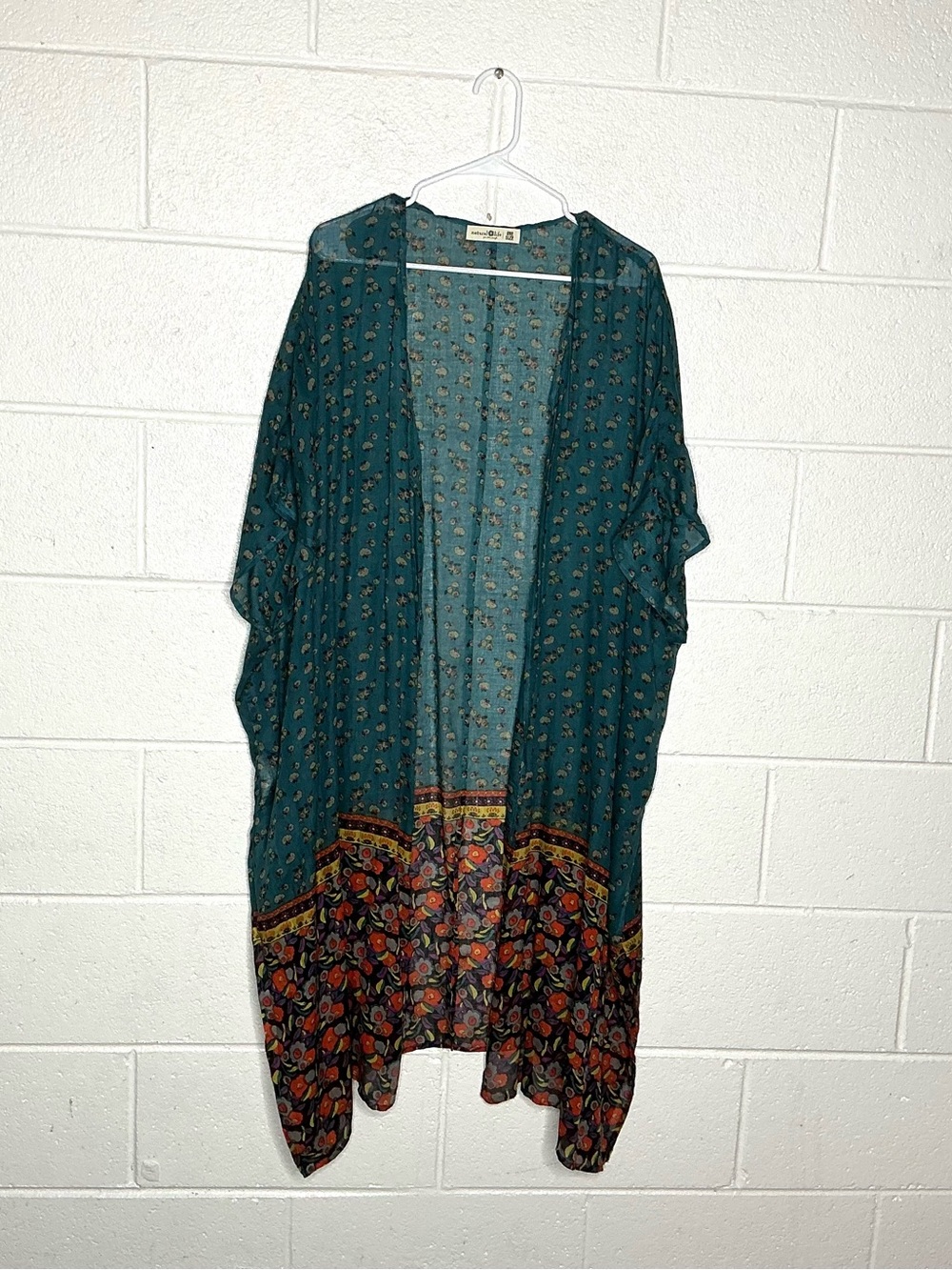 < Natural Life Teal Floral Pattern Boho Kimono One Size >